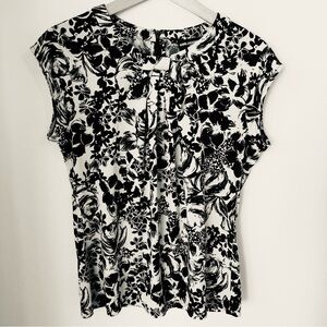 Karl Lagerfeld White and Black Stretch Floral Bow Collar Pleat Blouse Women’s M
